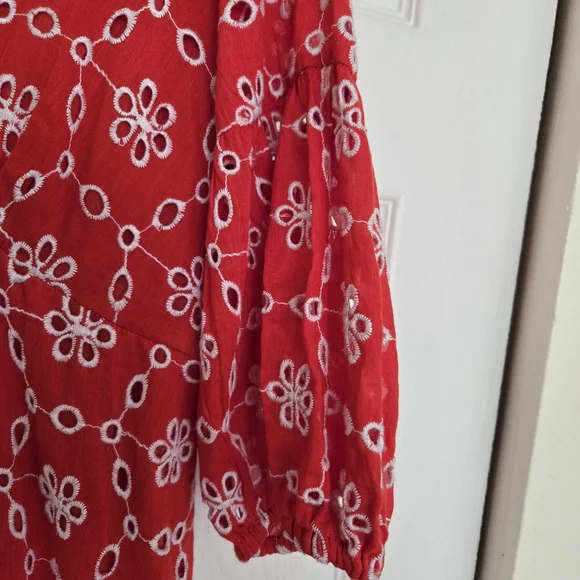 Vibrant Orange Red V-Neck Puff Sleeve Sundress - Picture 8 of 13